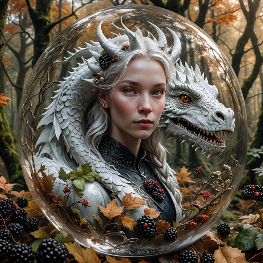 White Dragon and Woman in Autumn Forest Globe