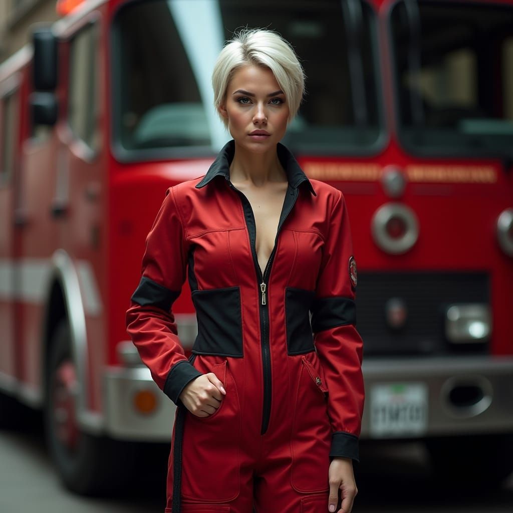 Confident Russian Firewoman in Fire Engine Attire
