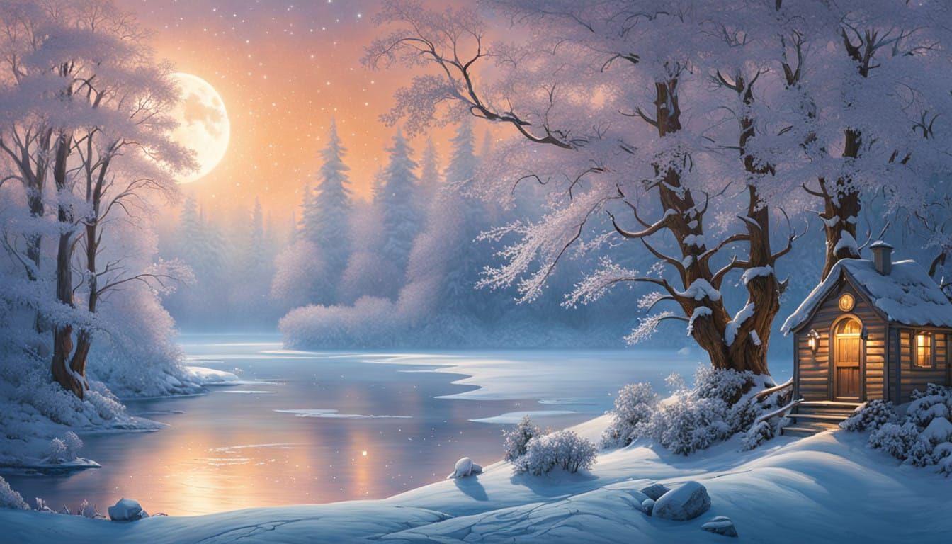 Whimsical Winter Scene with Celestial Glow