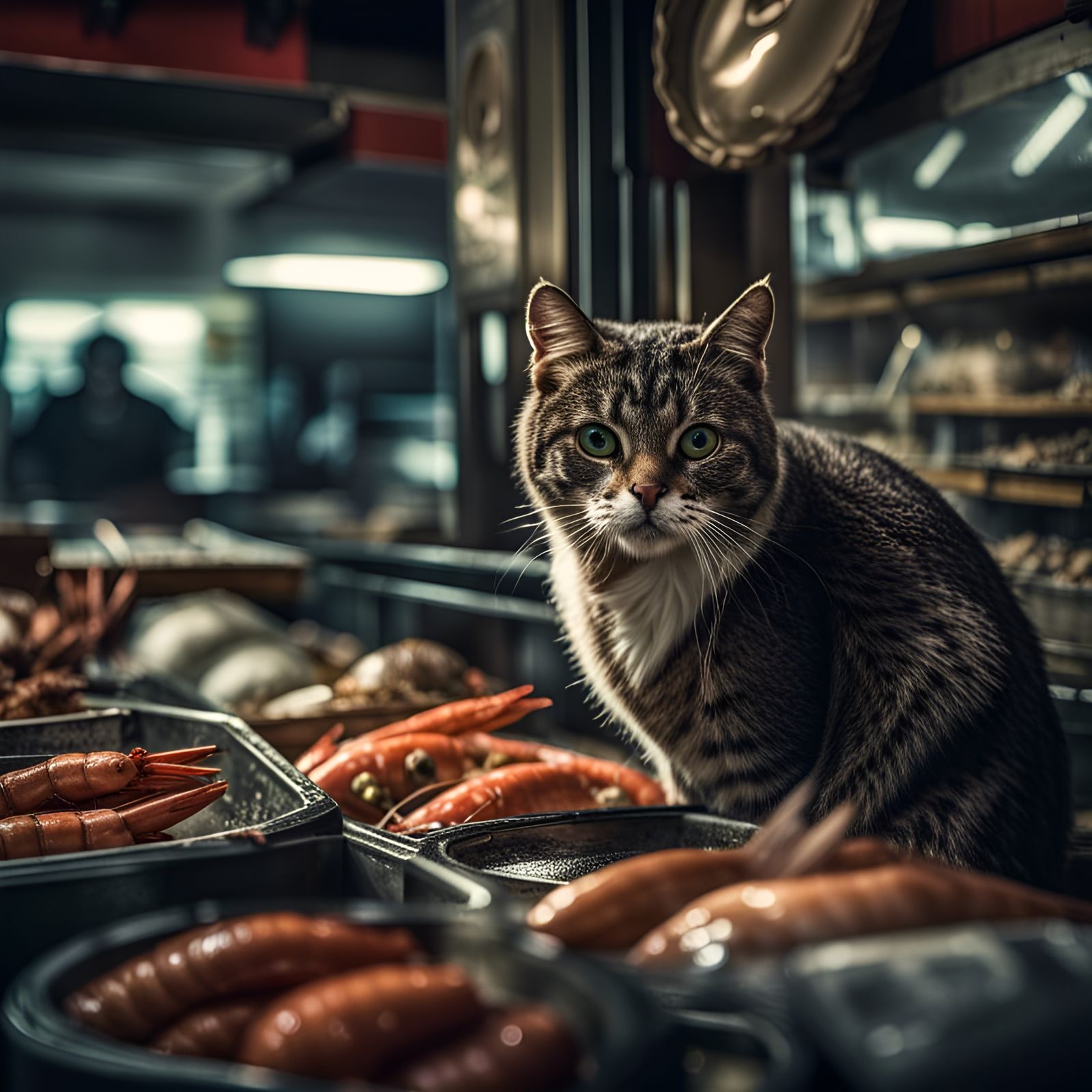 One-Eyed Cat in Seafood Store, Hyperrealistic
