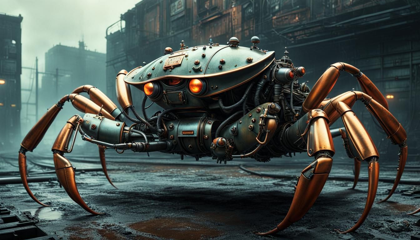 Dieselpunk Mechanical Crab with Glowing Circuits