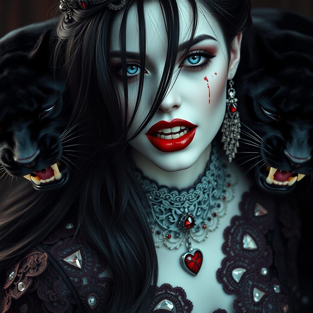 Gothic Vampire Goddess with Panthers in Cinematic Style
