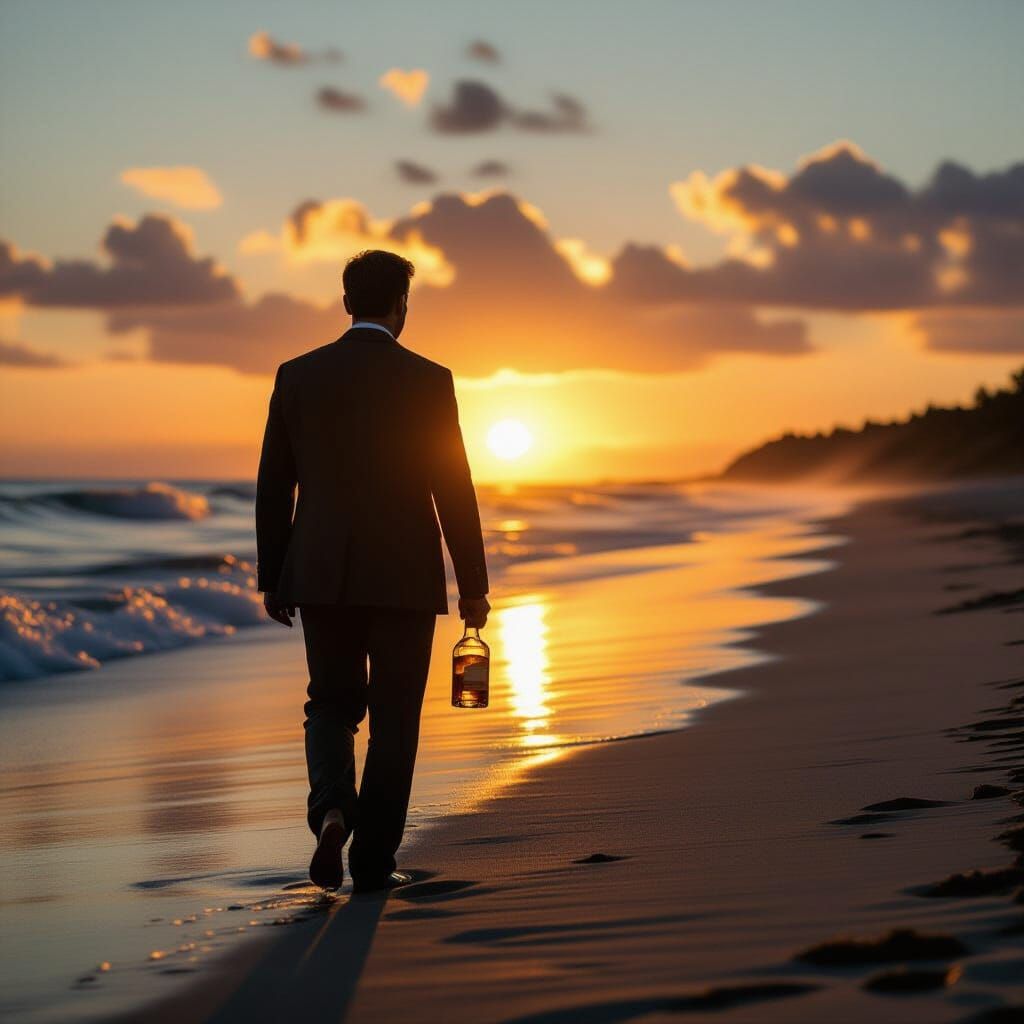 Man Contemplates Beach Sunset With Whisky Bottle