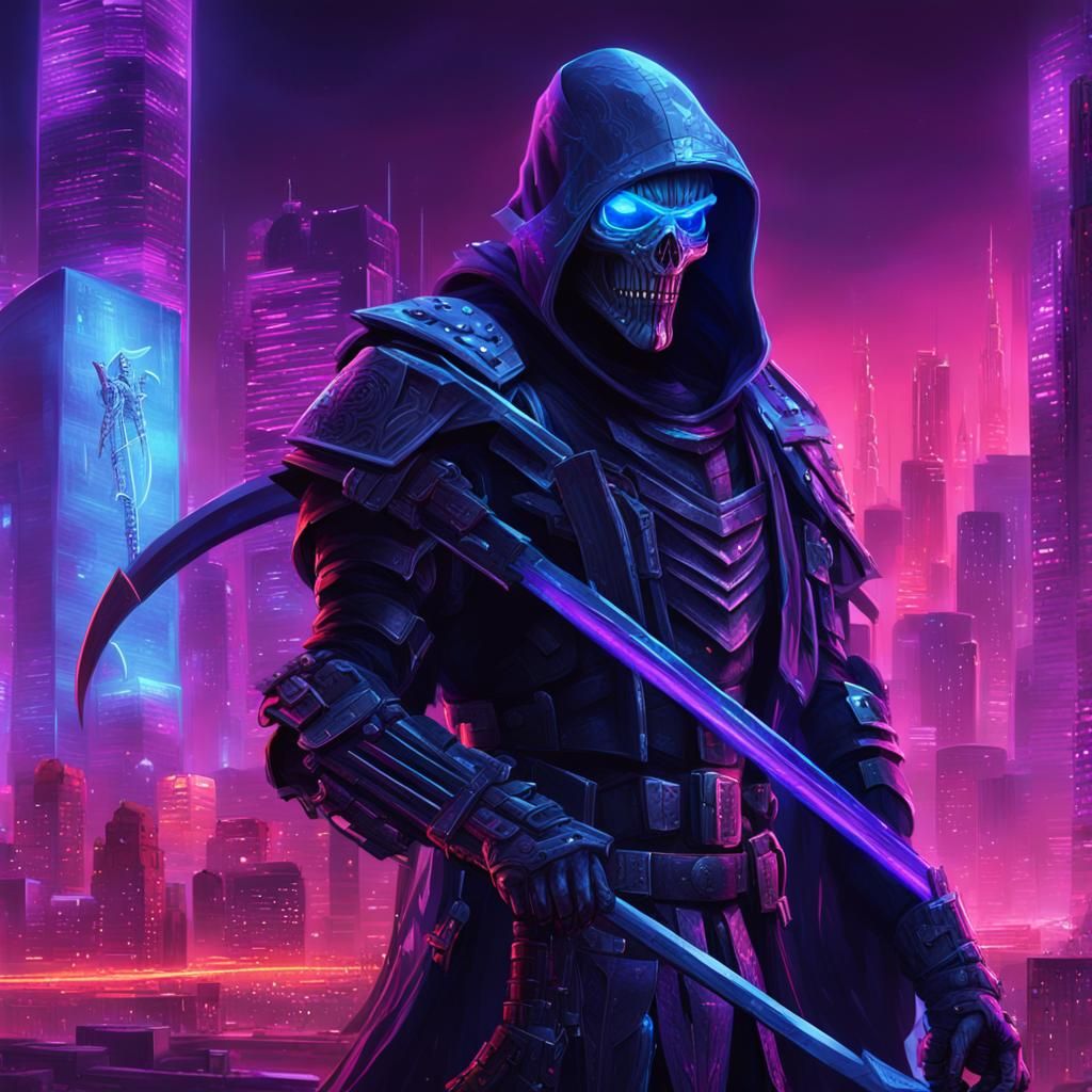 Cyberpunk Grim Reaper in Neon Cityscape
