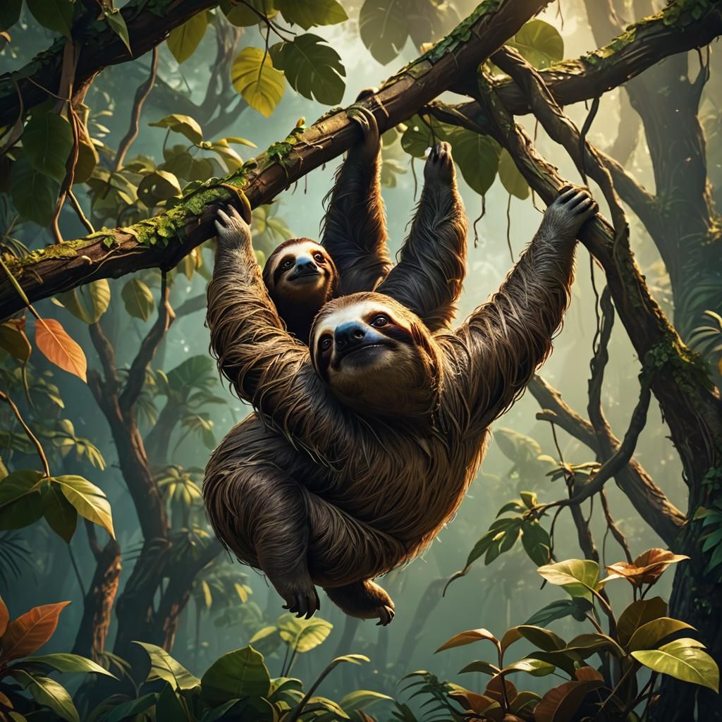 Sloth and Baby in Lush Rainforest: Digital Matte Painting