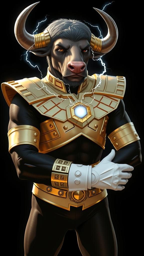 Muscular Buffalo Superhero Over City in Comic Book Art