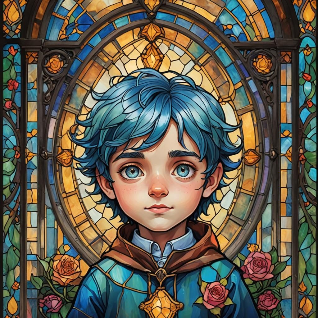 Stained Glass Art: Teddy Lupin in Romantic Oil Painting