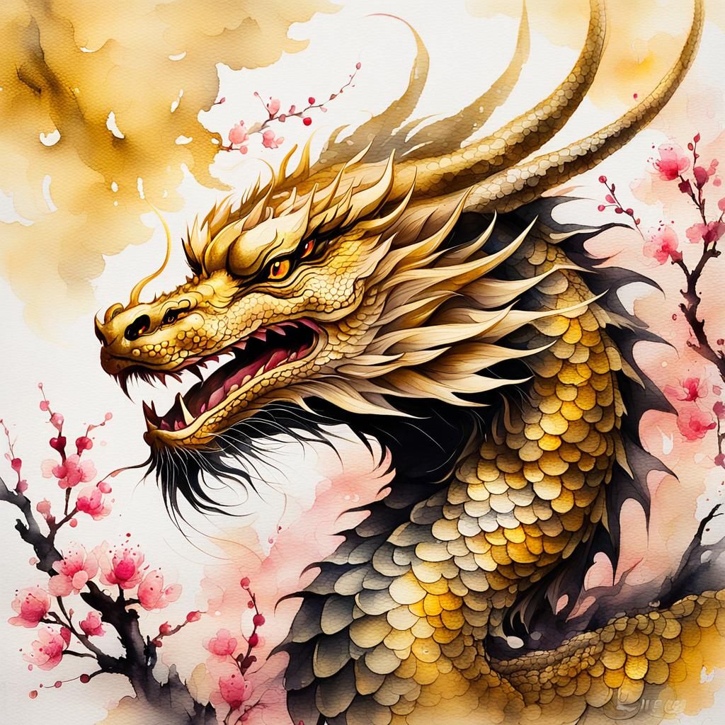 Majestic Golden Dragon in Traditional Asian Art Style