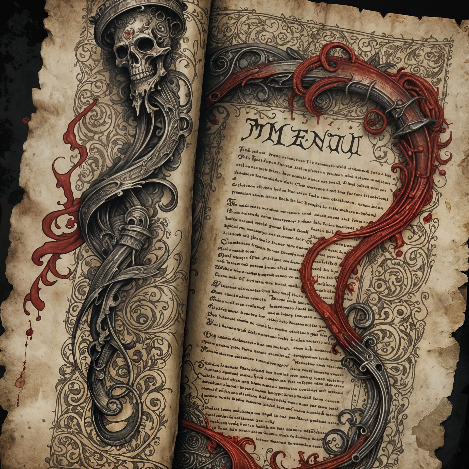 Dark Fantasy Menu Scroll with Bloody Inscriptions