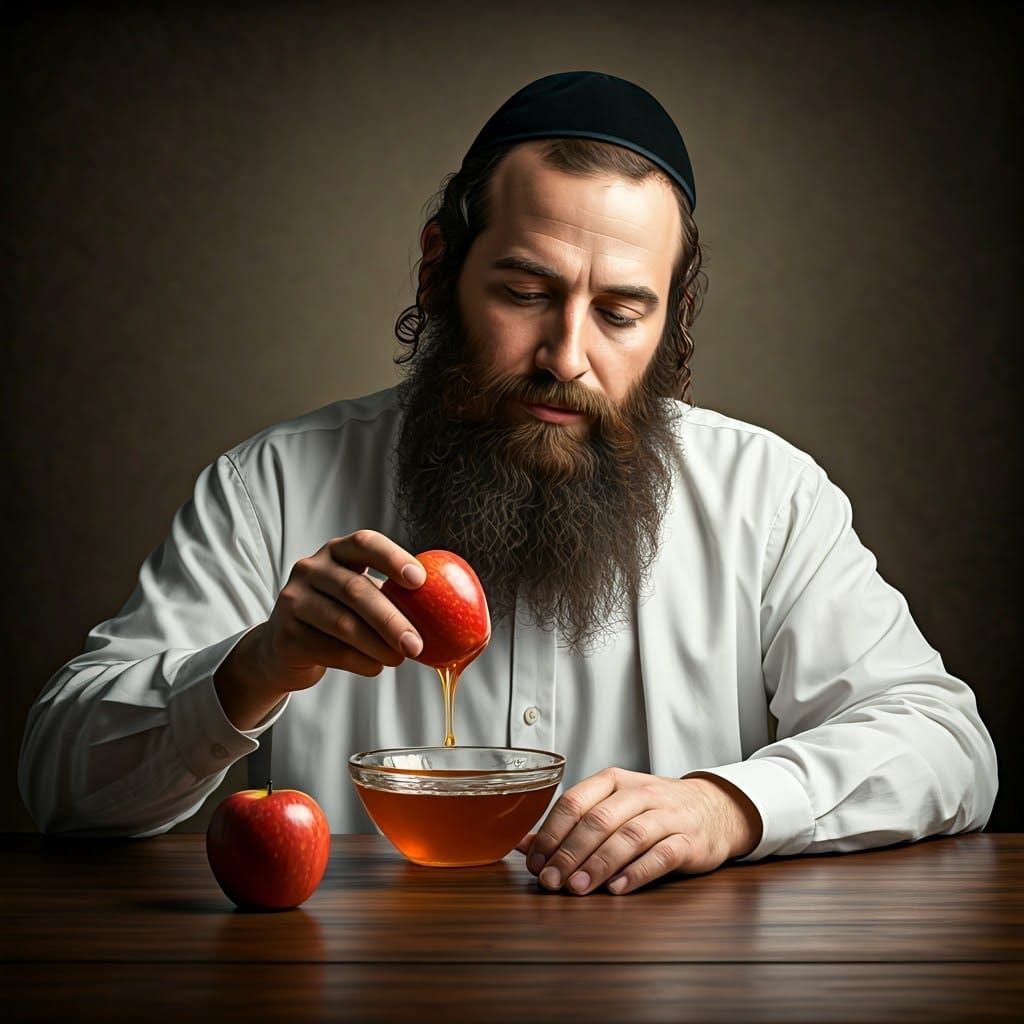 Orthodox Jew Dipping Apple in Honey as Matte Painting