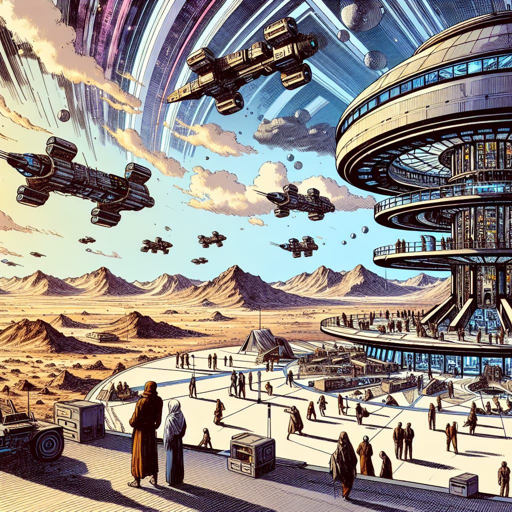 Futuristic Orbiting Space Station in Comic Book Style