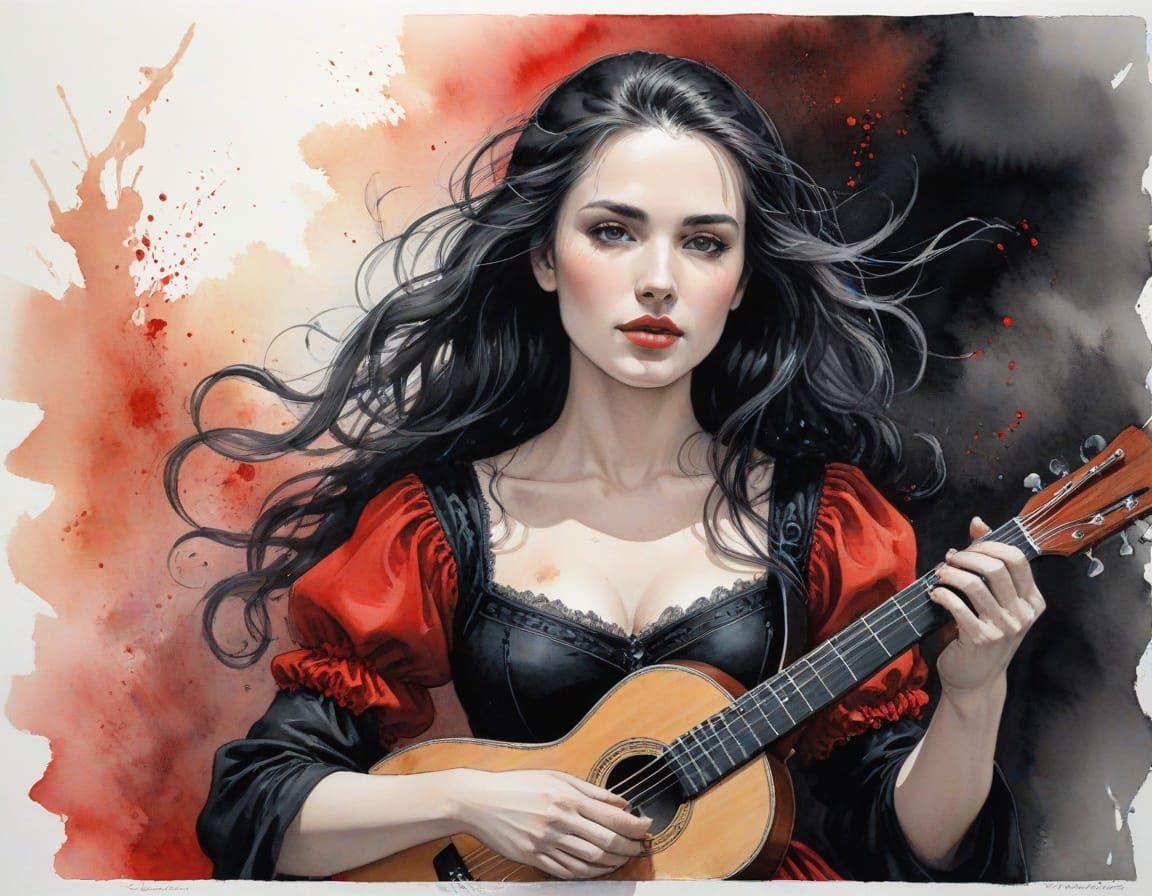 Fantasy Female Bard in Red and Black Portrait