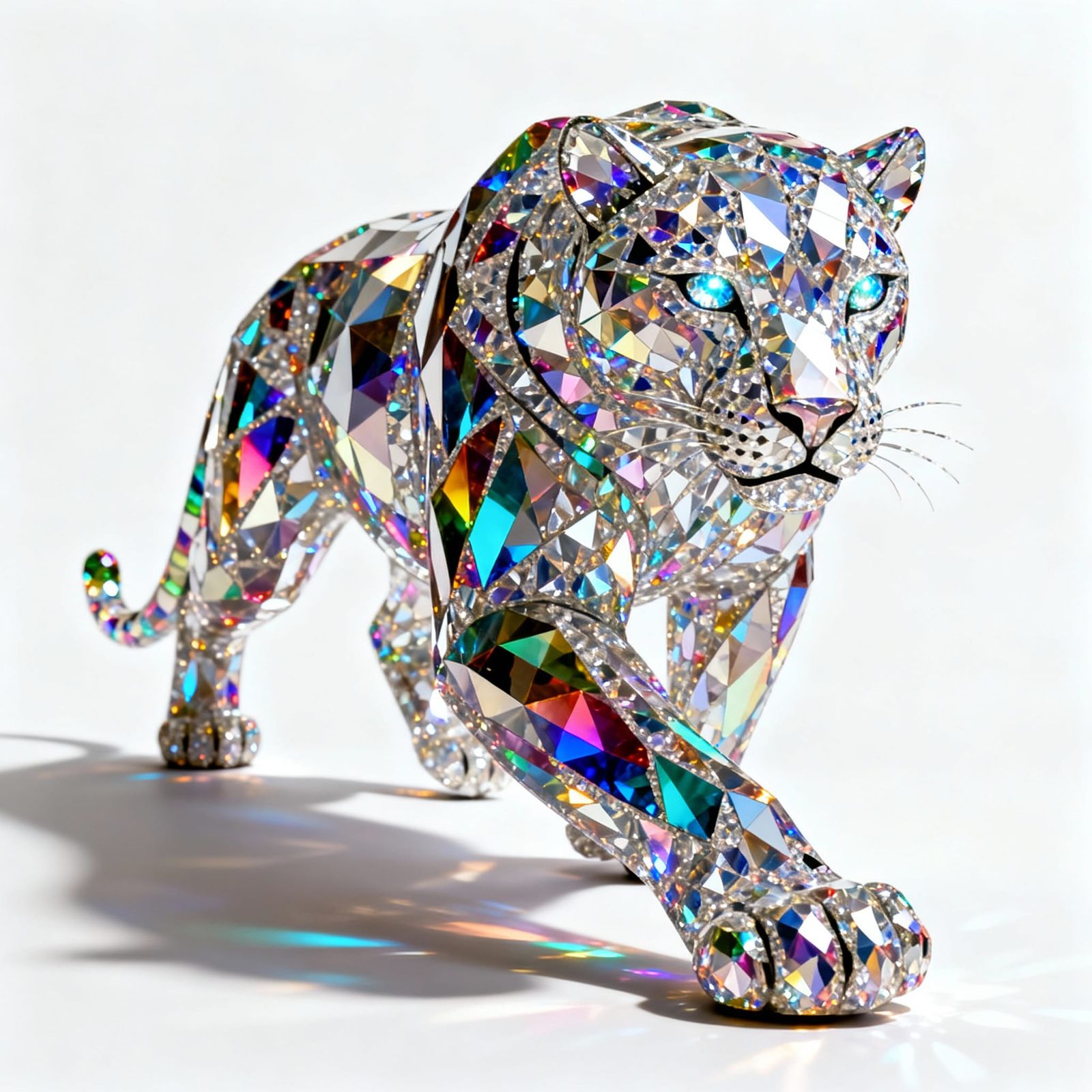 Prismatic Crystal Panther Sculpture in Mid-Pounce