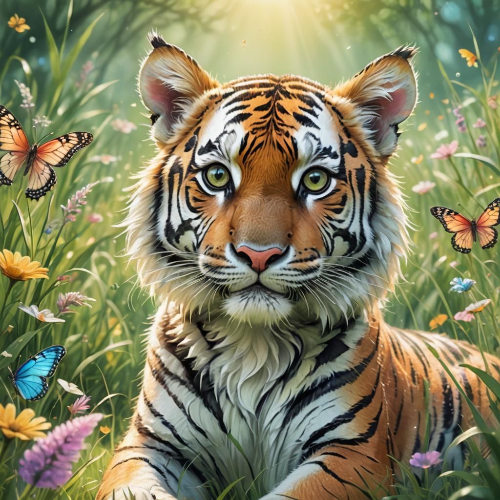 Rainbow Tiger Cub in Sunny Meadow, 3D Rendered