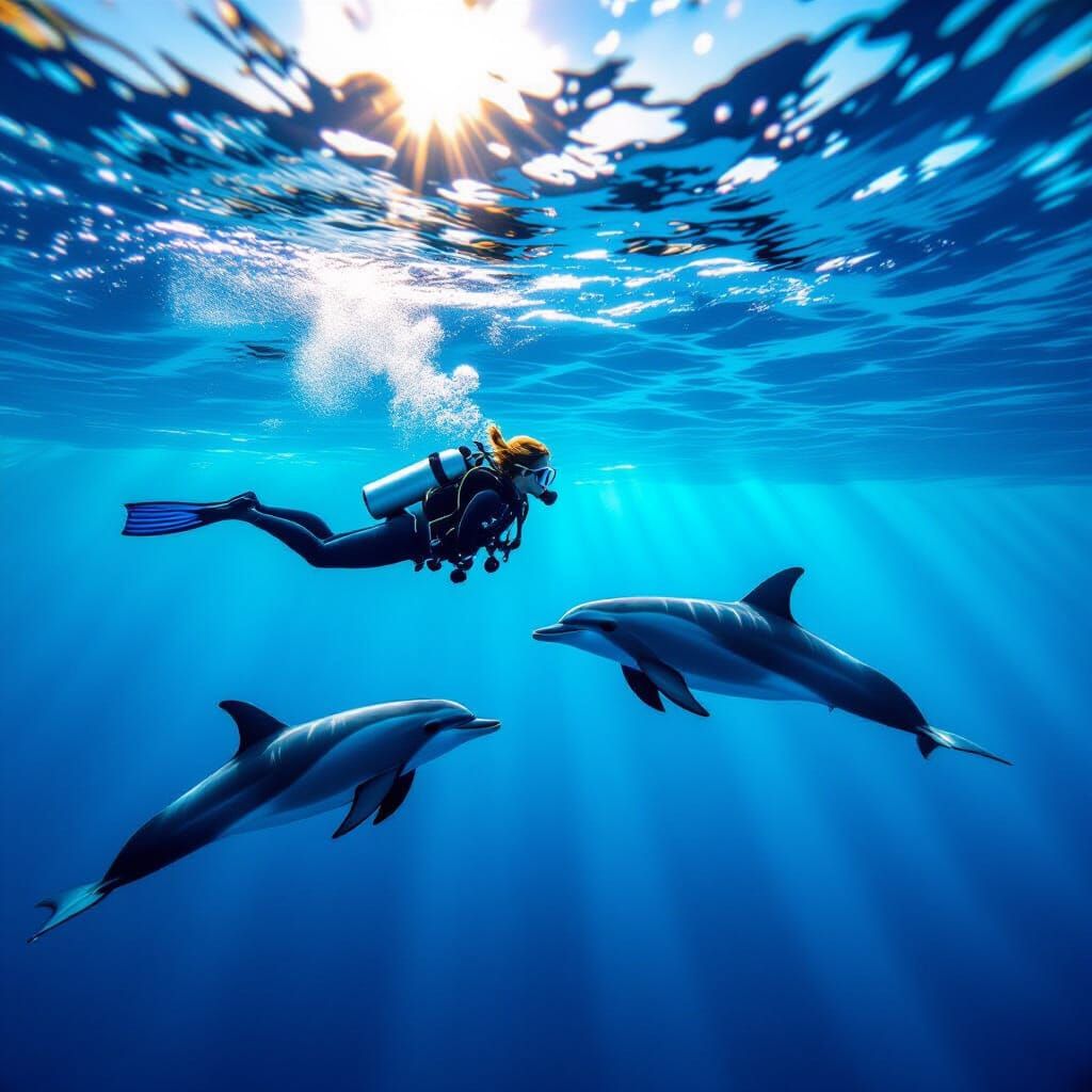 Scuba Diver and Dolphins in Azure Ocean