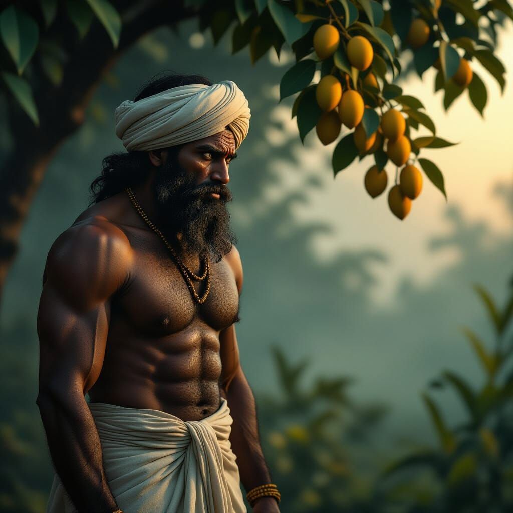 Horrifying Farmer Gazing at Mango Tree in Noir Style