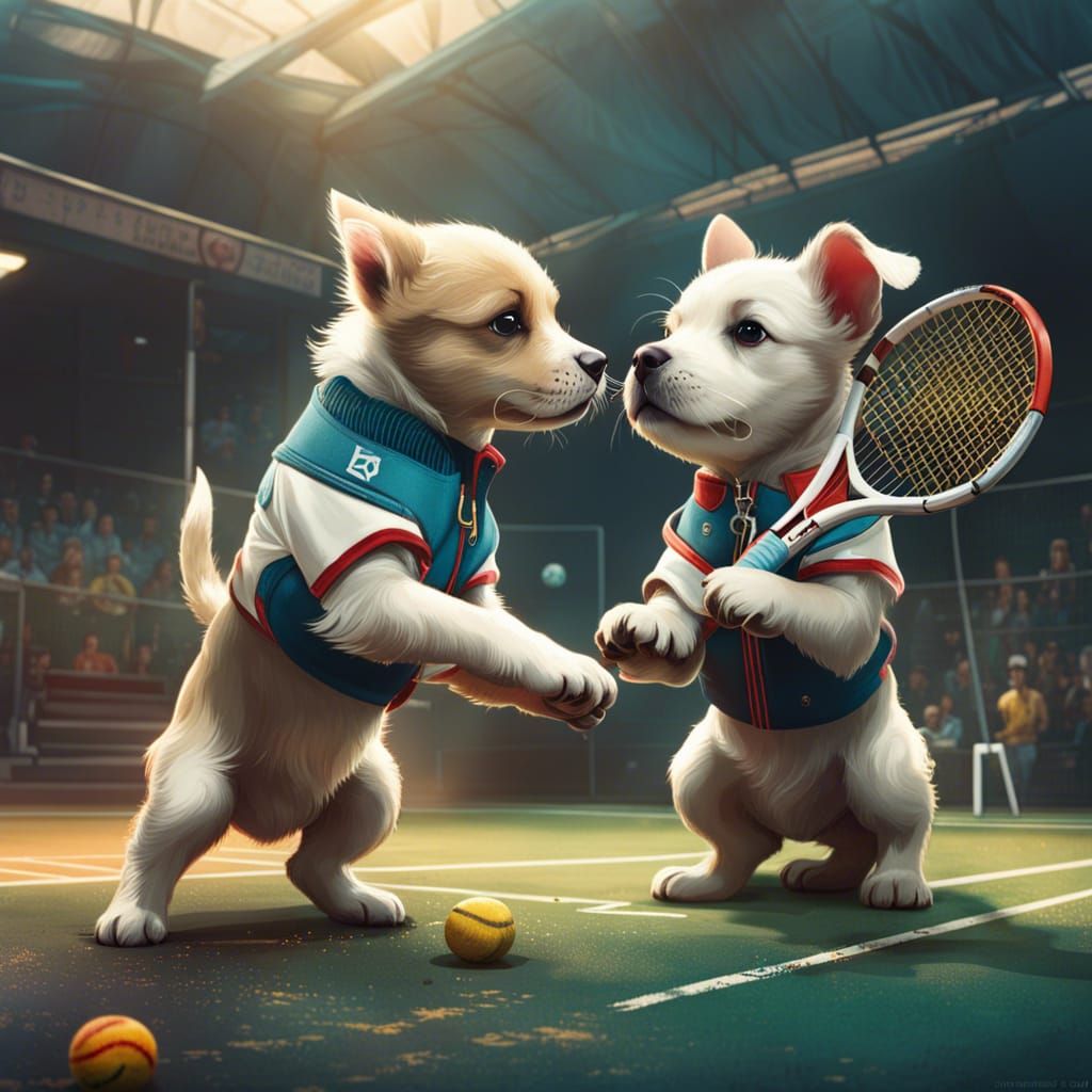 Puppies Playing Tennis in Hyperdetailed Style