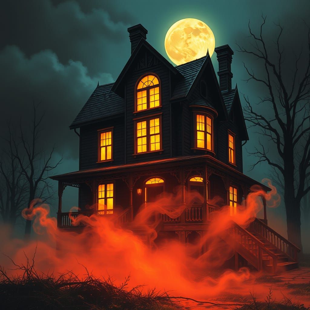 Haunted House Under Full Moon in Dark Fantasy Style
