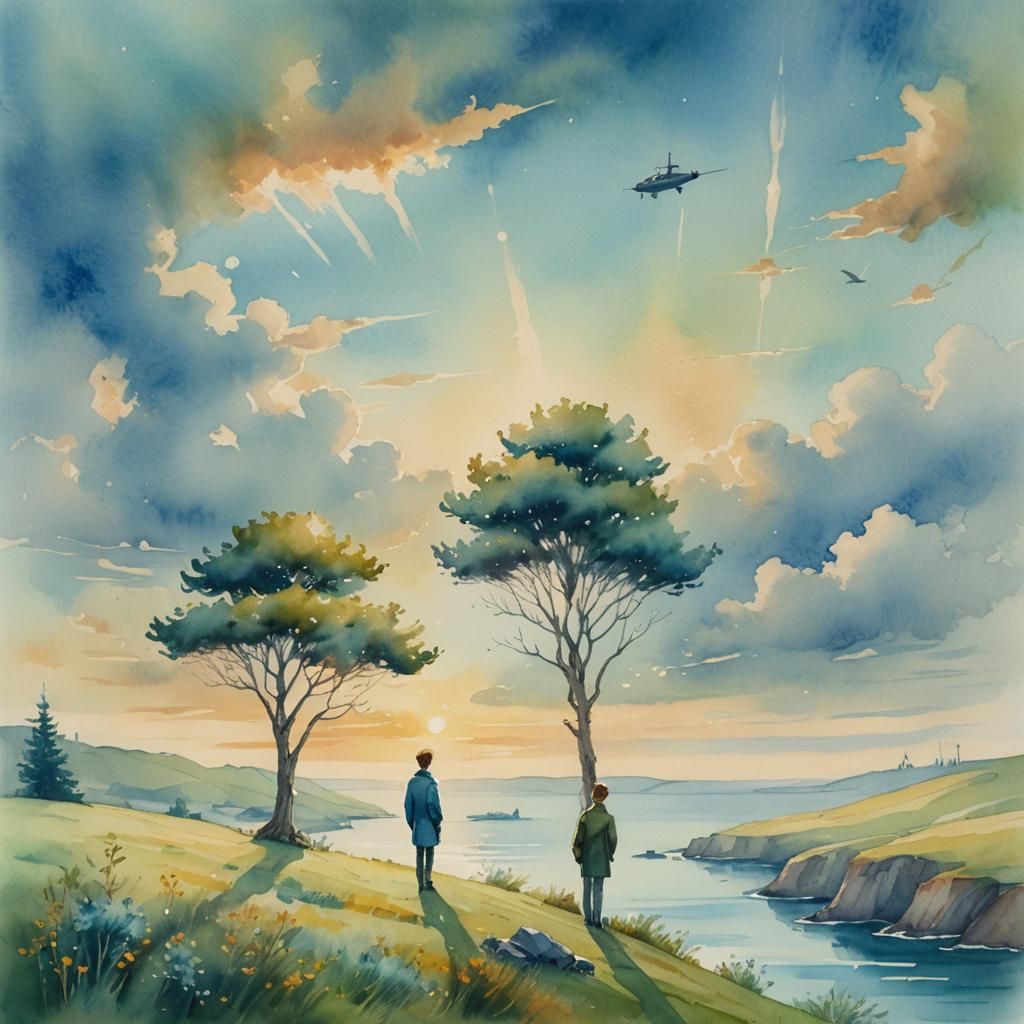 Dreamy Watercolor of Serene Sea With Submarines