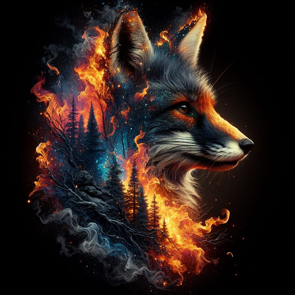 Mystical Fire Fox Double Exposure Portrait