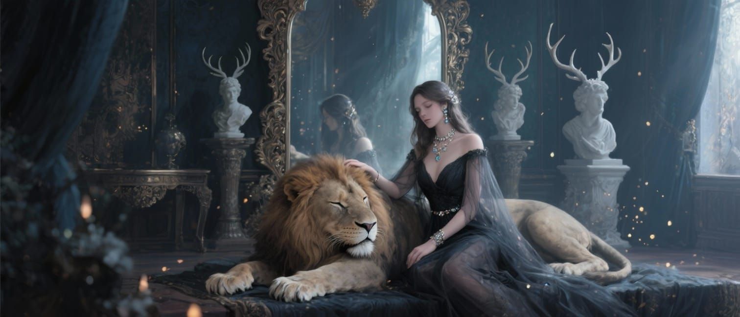 Graceful Woman and Lion in Ethereal Fantasy Room