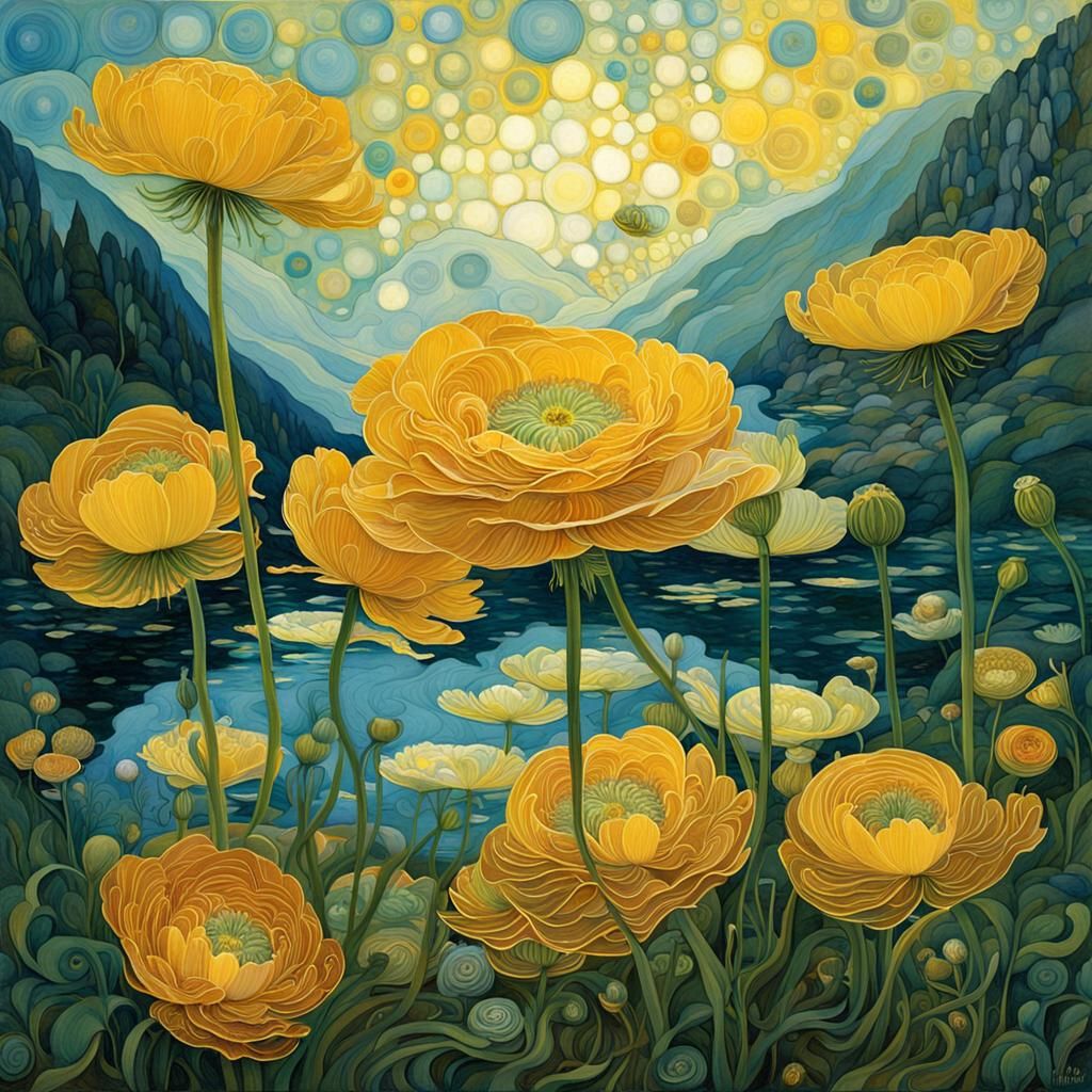 Luminous Crowfoot Carpet Radiates Sunshine Beside Raging Mou...