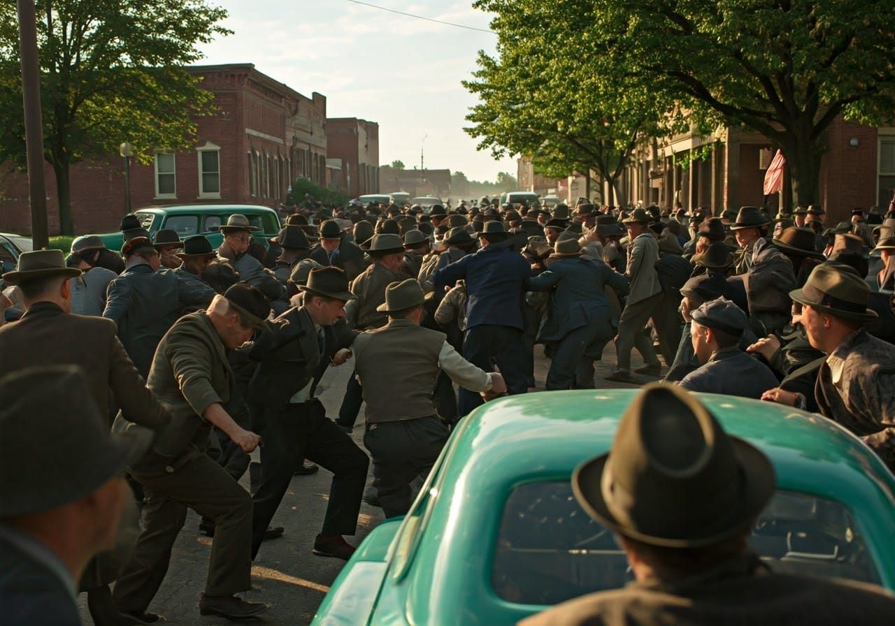 1950s Town Square Brawl in Cinematic Film Style