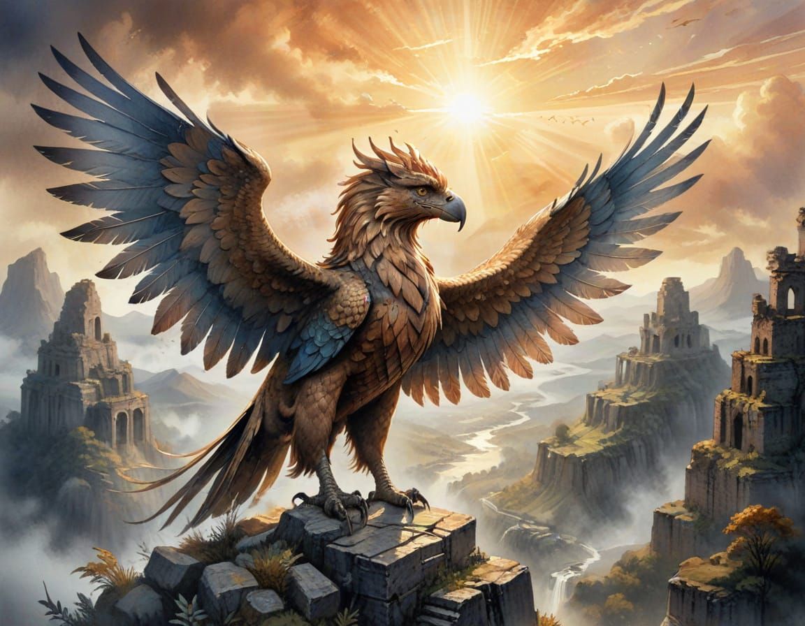 Bronze Griffin Over Misty Valley at Dawn