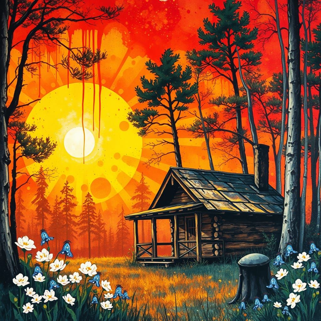 Vibrant Autumn Sunset Cabin in Drippy Abstract Style