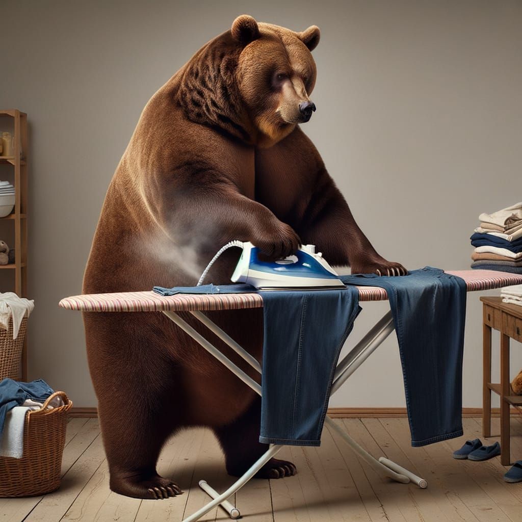 Brown Bear Diligently Ironing Trousers in Laundry Room