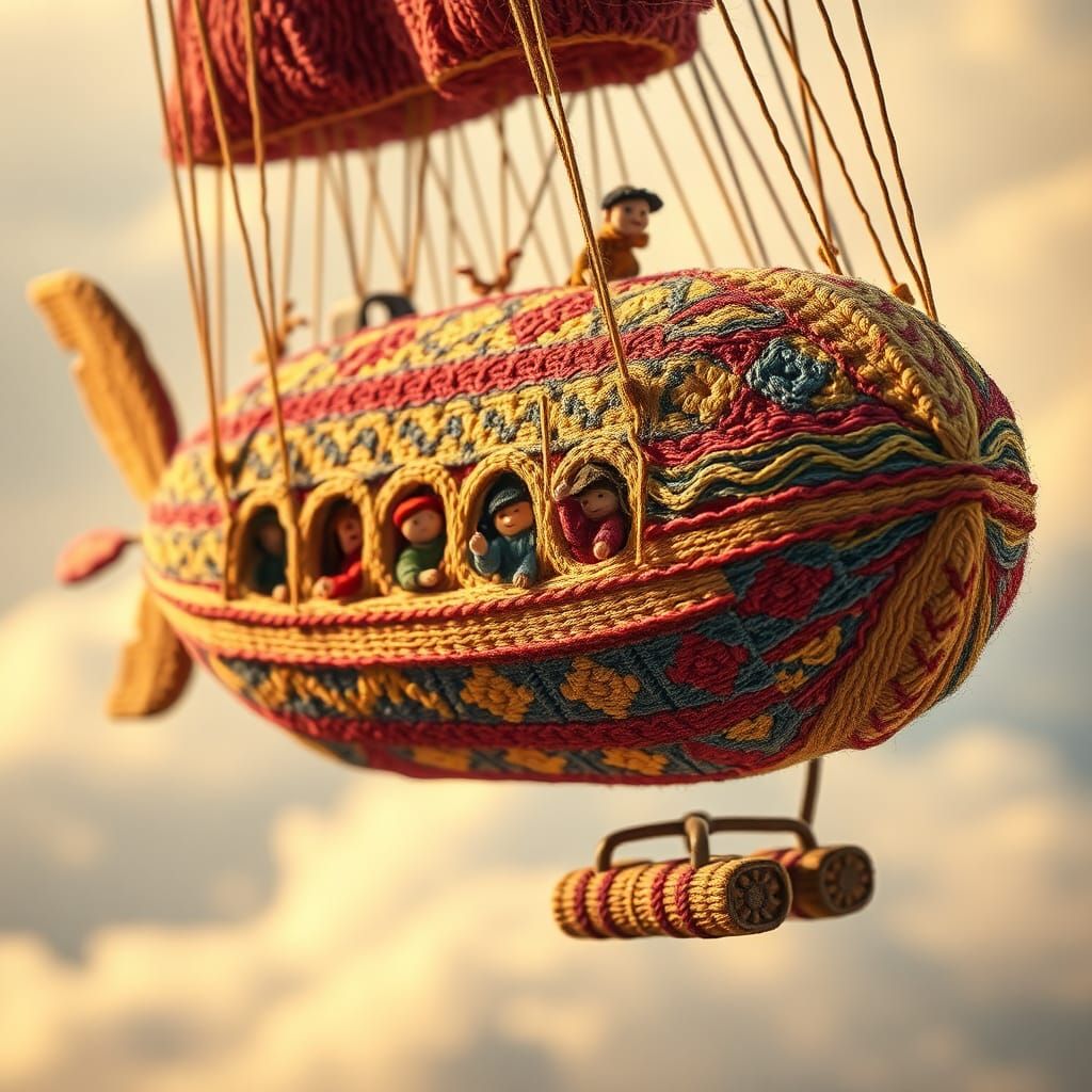 Knitted Airship with Colorful Passengers in Flight