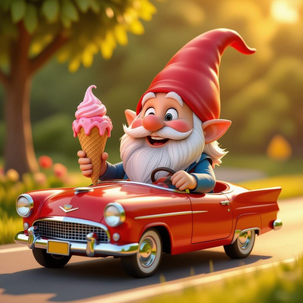 Cute 3D Gnome Drives Car Eating Ice Cream