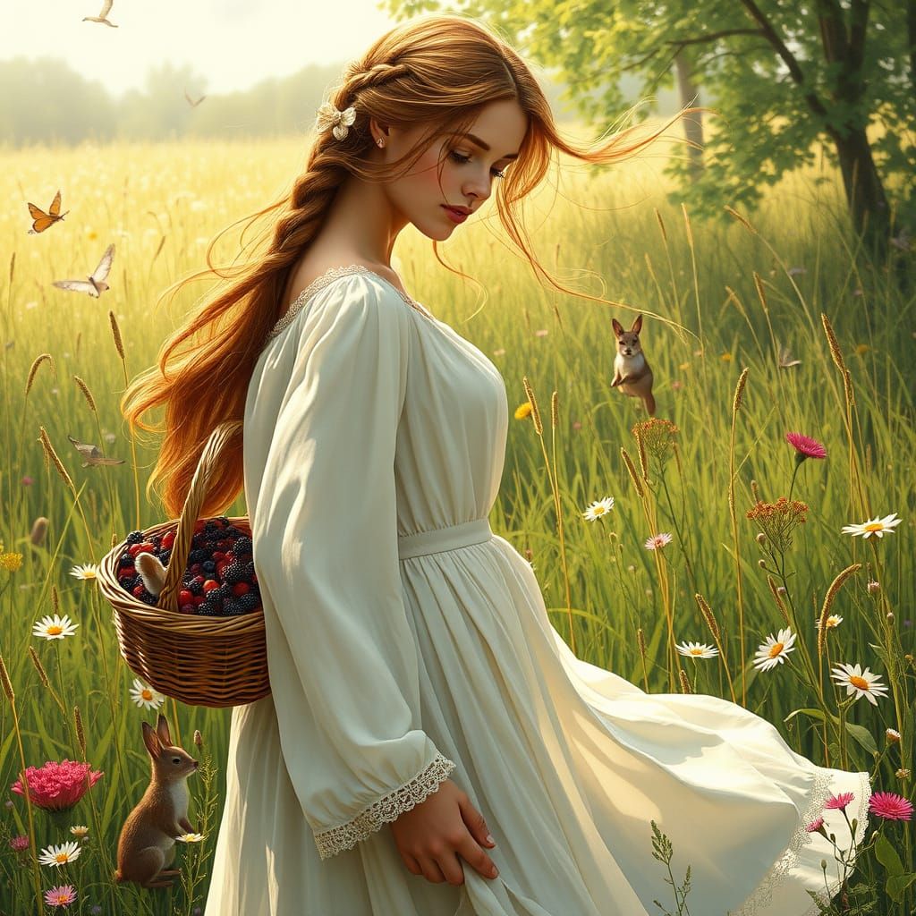 Auburn Haired Woman in Meadow: Photorealistic Fantasy