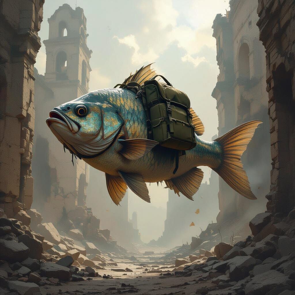 Ancient Fish with Backpack Flies Through Ruined City