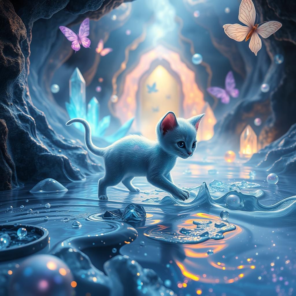 Iridescent Liquid Kitten in Bioluminescent Water Realm