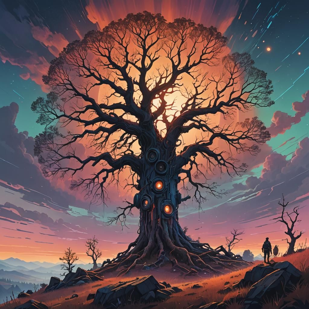 Celestial Tree on Hill: Digital Fantasy Art
