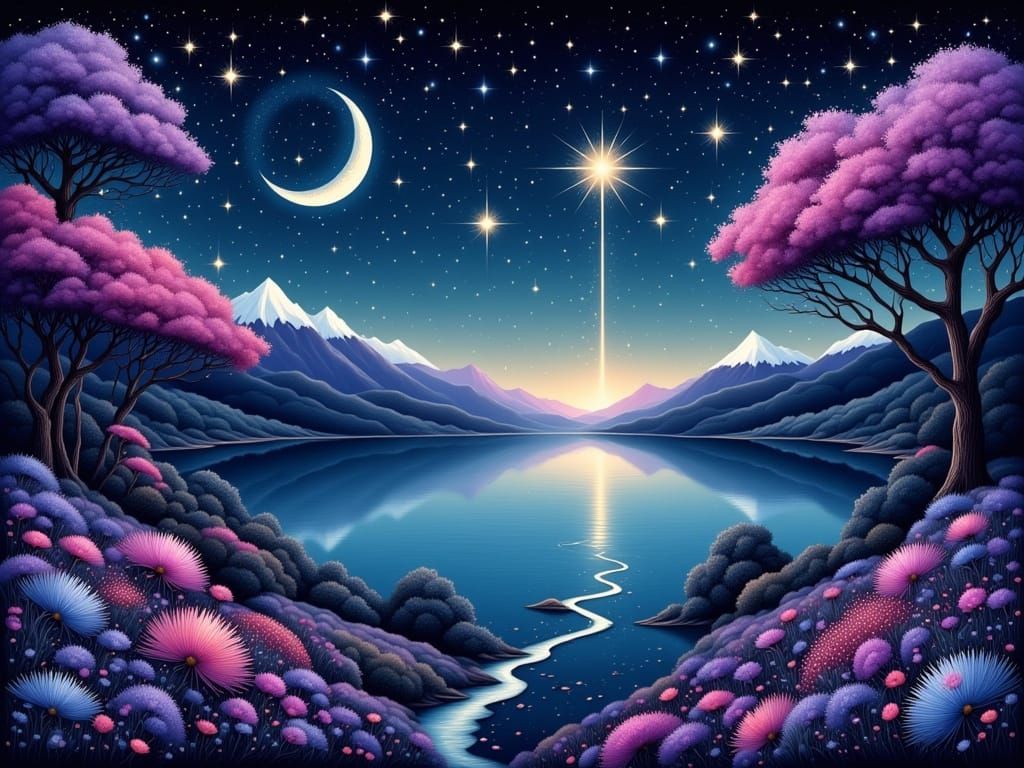 Dreamy Cosmic Night Scene with Glowing Moon and Twinkling St...
