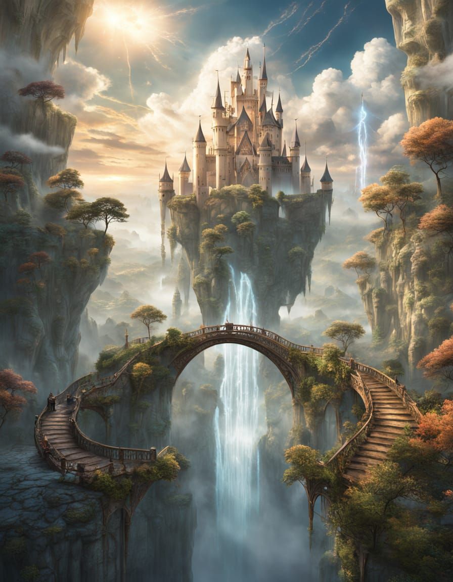 Floating Castle Waterfall in Ethereal Fantasy Landscape
