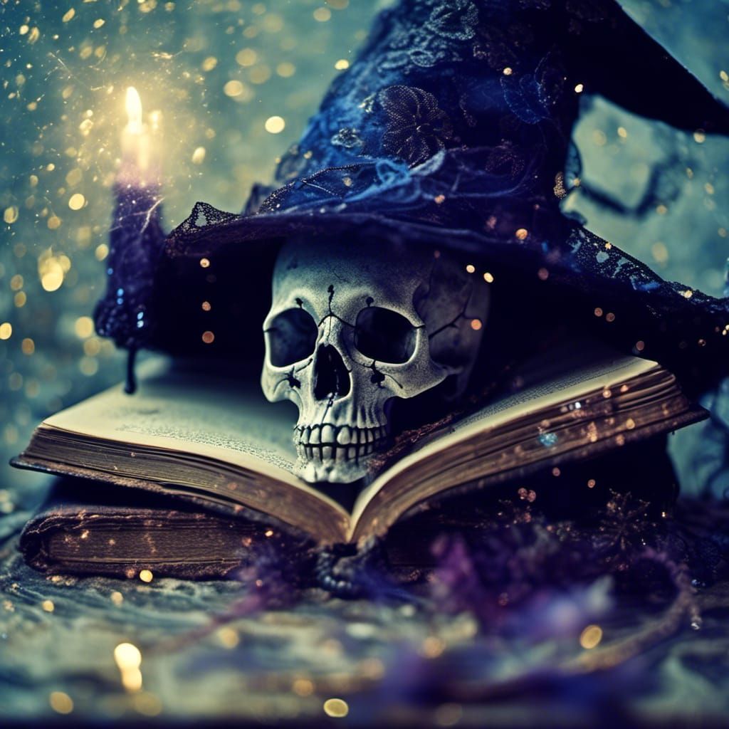 a witch's hat with a floppy point, a skull and a magic book ...