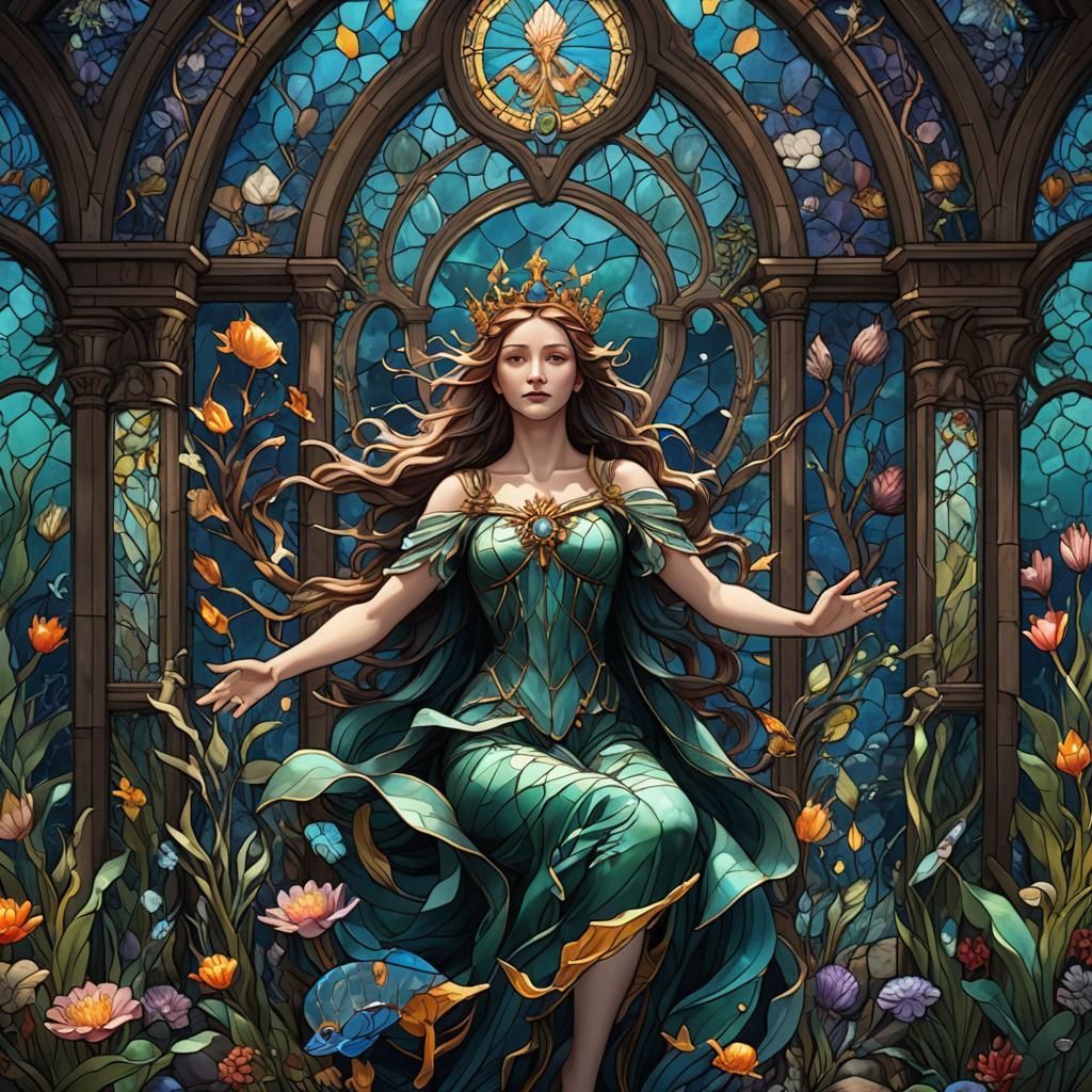 Stained Glass Queen Water Nymph with Sea Life