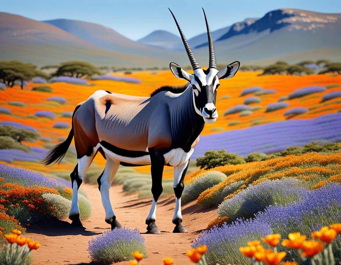 Gemsbok Among Namaqualand Flowers as Impasto Painting