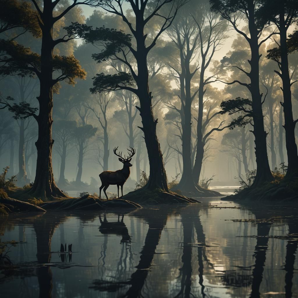 Elegant Deer Silhouette in Fantasy Landscape Art