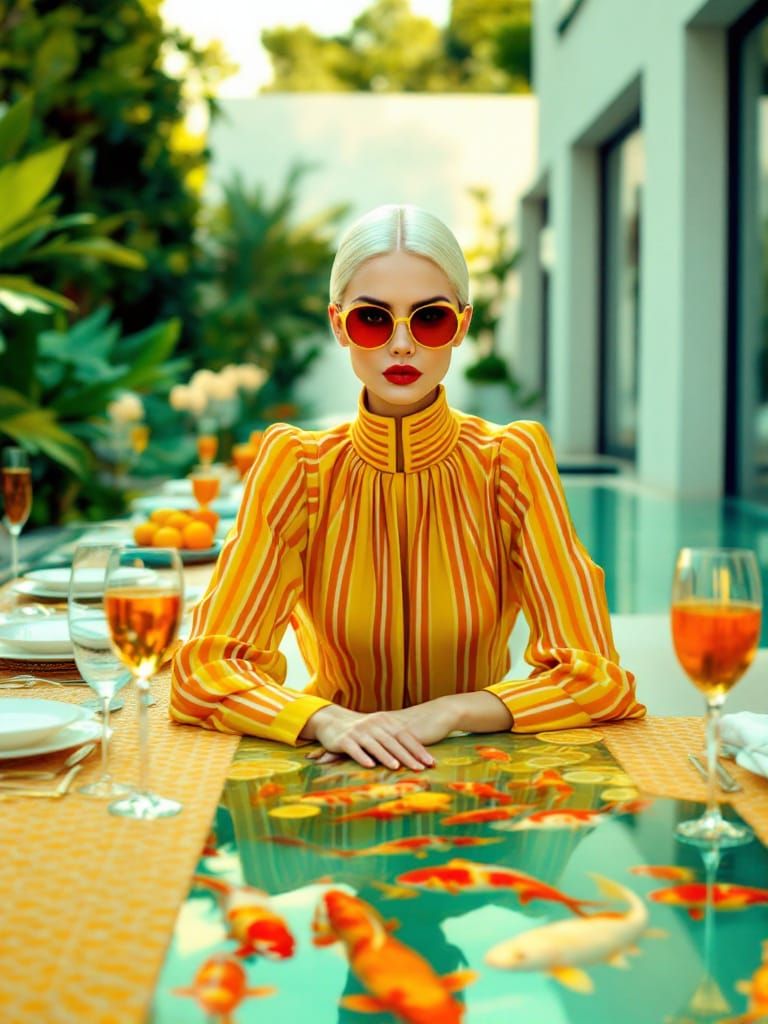 Woman at Luxury Table with Koi Pond in Retro-Futuristic Styl...