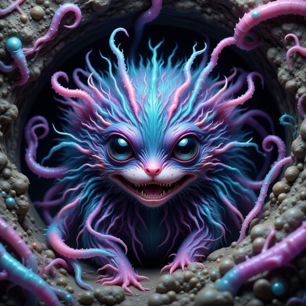 Creepy-Cute Neon Creature in Rock Fissure