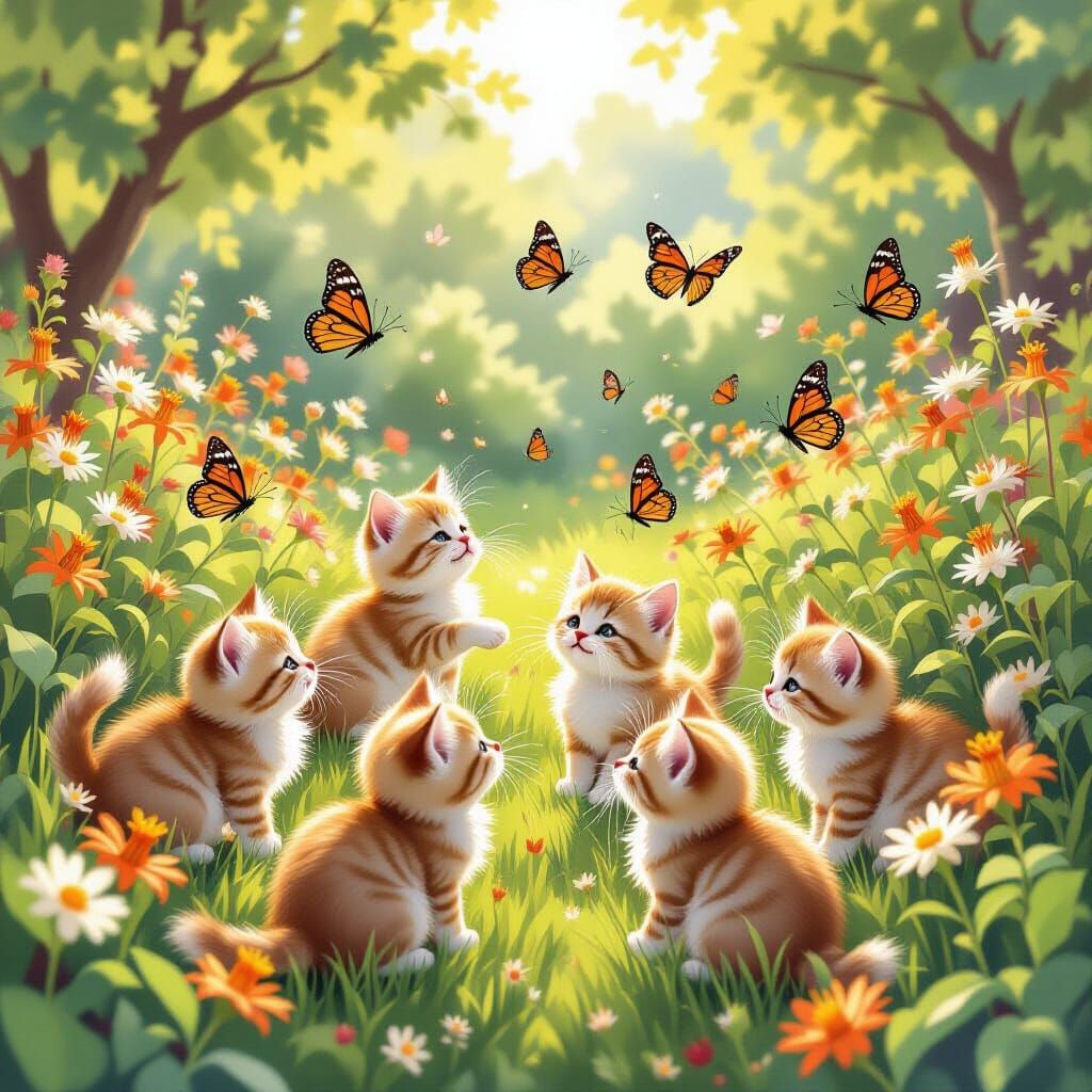 Fluffy Kittens Play in Sun-Dappled Garden with Butterflies