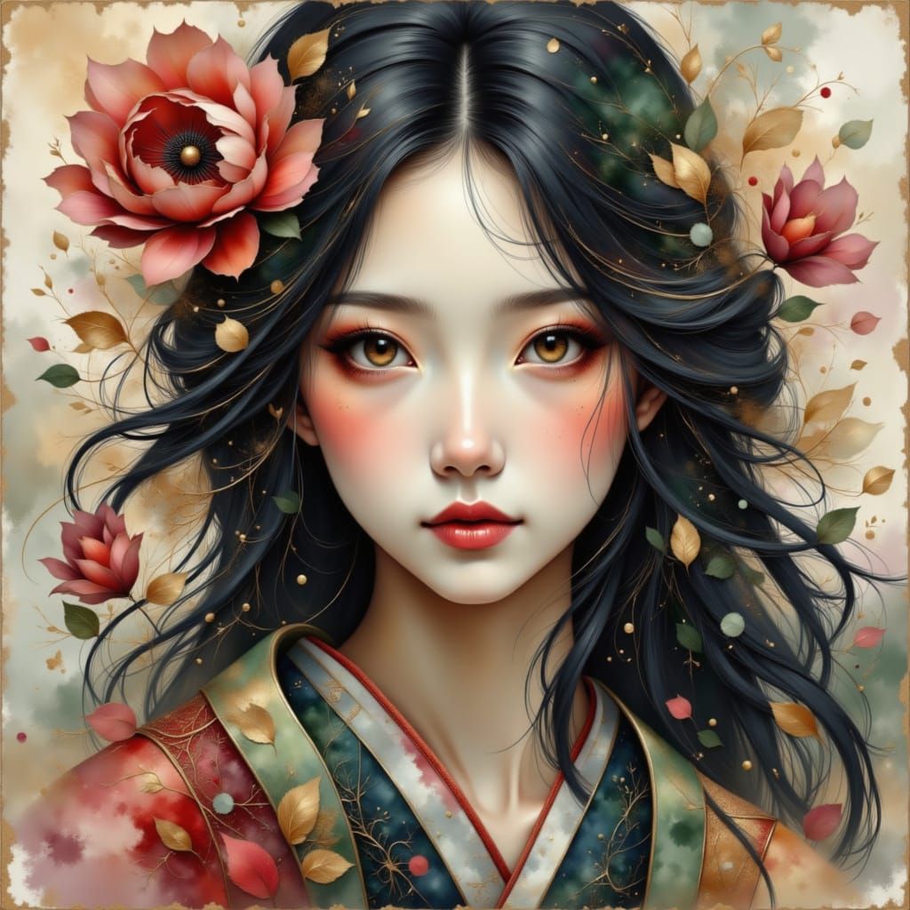 Asian Woman in an abstract flowerly painting