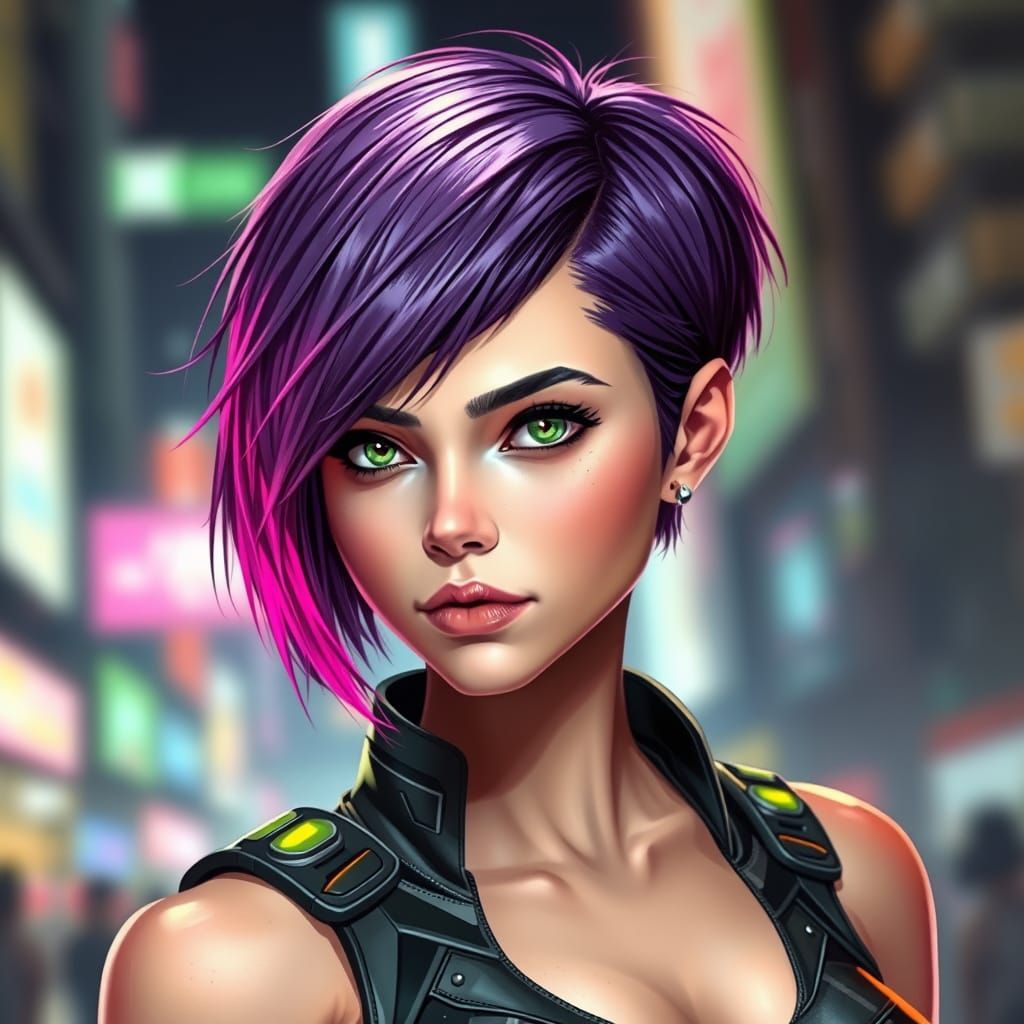 Cyberpunk Goddess with Vibrant Hair and Neon Cityscape