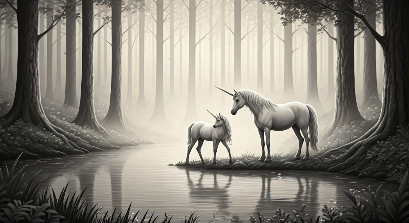 Unicorn Family in Misty Forest: Charcoal Sketch