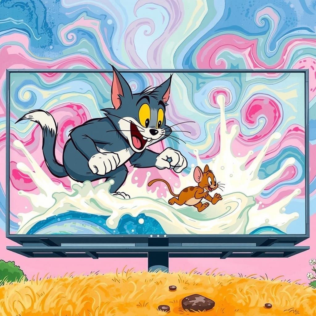 Tom and Jerry's Candyland Milk Spill in Gouache Style