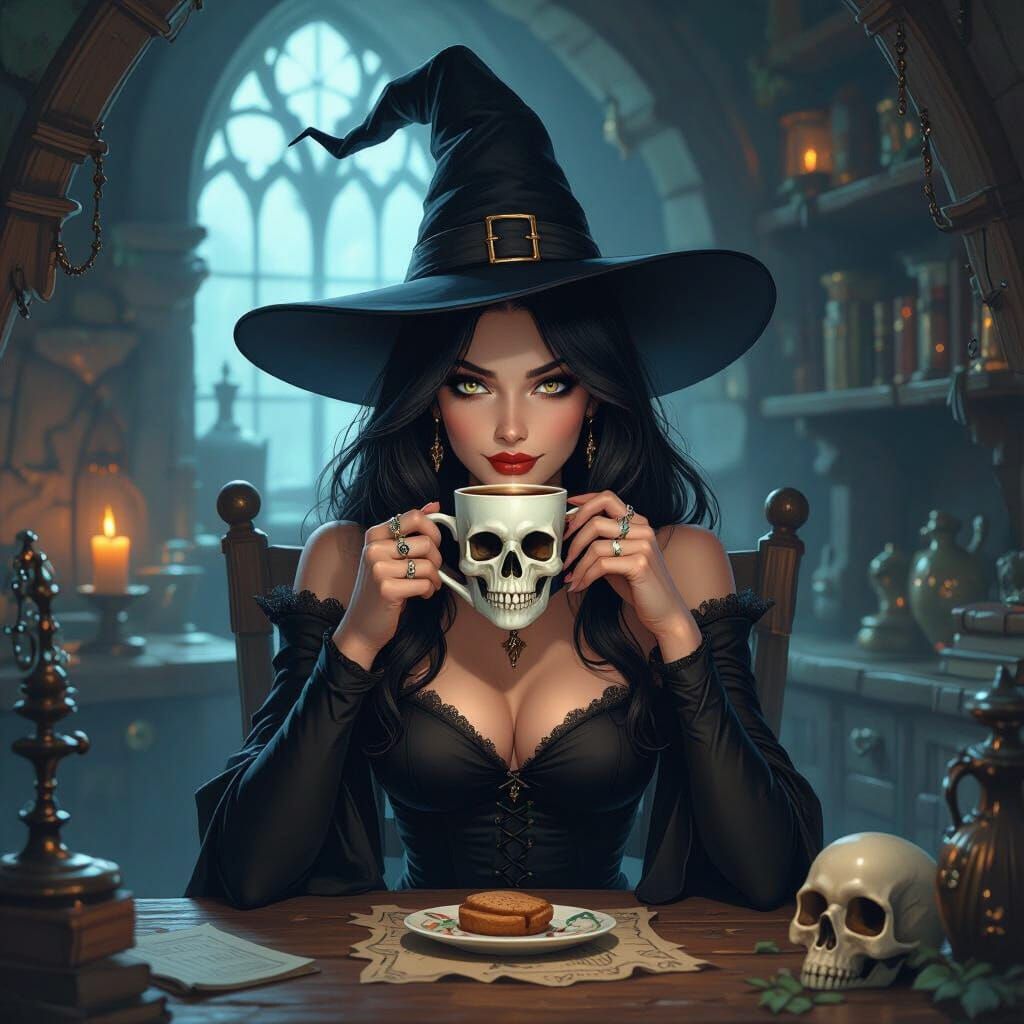 Witch Drinks Coffee in Dark Fantasy Chamber